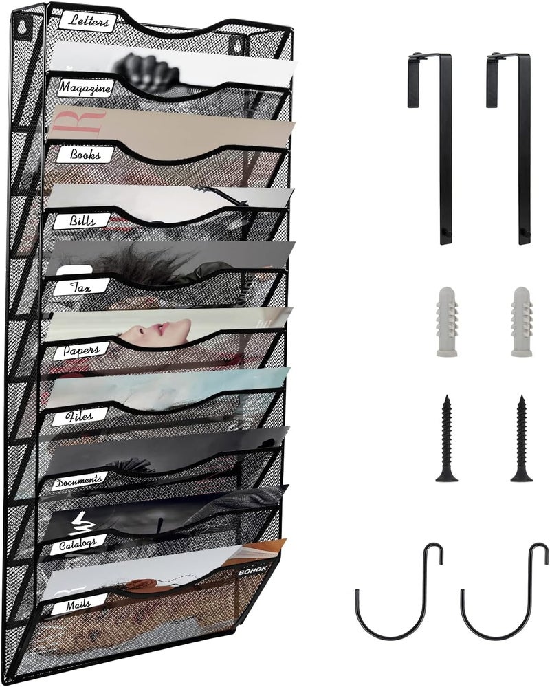 BOHDK Wall File Organizer, 10 Tire Hanging File Folder Mail Organizer, Vertical Mesh Metal Door/Wall Mount Hanging File Holder, Paper Document Magazine Rack with Hooks for Home Office Black - Image 1